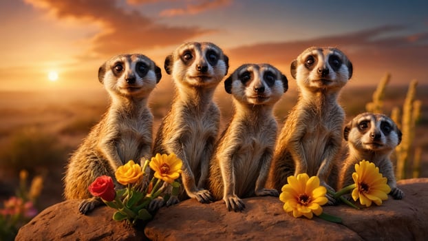 A group of meerkats posing with flowers against a sunset backdrop. photo