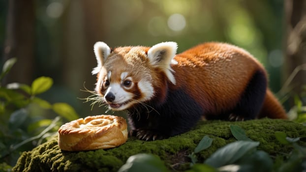 A red panda curiously approaches a pastry on a mossy surface in a forest setting. photo
