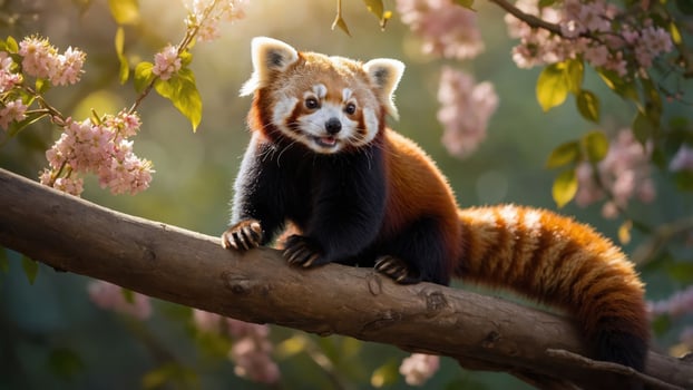 A red panda perched on a branch amidst blooming flowers, showcasing its vibrant fur and playful demeanor. photo