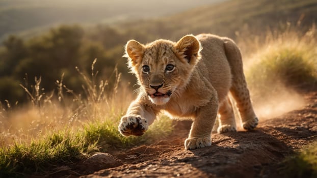 A playful lion cub running on a dirt path amidst tall grass in a natural setting. photo