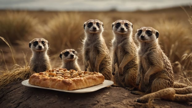 A group of meerkats curiously observing a pizza on a plate in a natural setting. photo