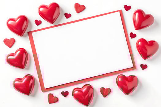 White card surrounded by colorful hearts on a pink background photo
