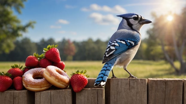 A blue jay perched near donuts and strawberries in a sunny outdoor setting. photo