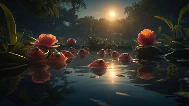 A serene pond scene featuring floating frogs and water lilies under a glowing sunset. photo