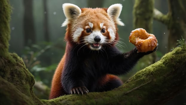 A red panda joyfully holds a donut while perched on a mossy branch in a lush forest. photo