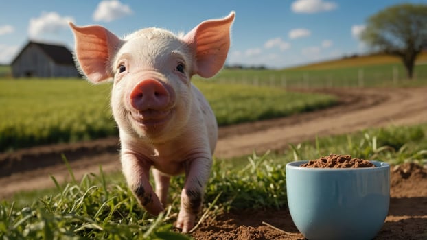 A playful piglet approaches a bowl of food in a sunny countryside setting. photo