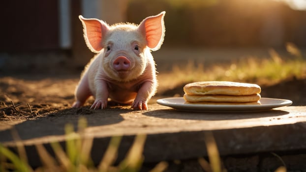 A piglet curiously approaches a plate of pancakes in a sunlit outdoor setting. photo