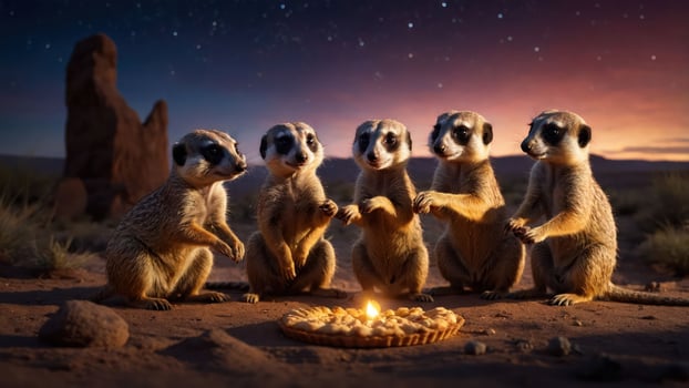 Five meerkats gathered around a pie under a starry sky at dusk. photo