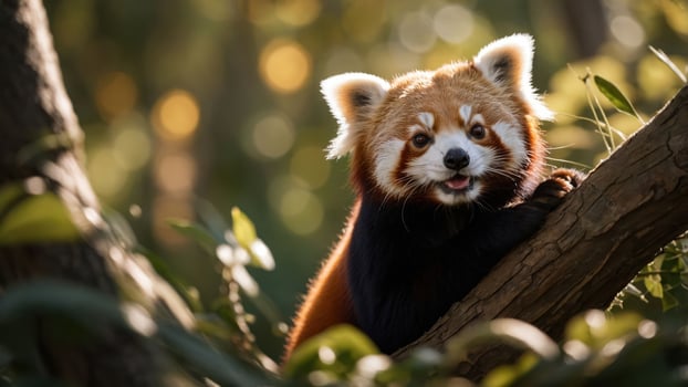 A playful red panda perched on a tree branch, surrounded by greenery and soft sunlight. photo