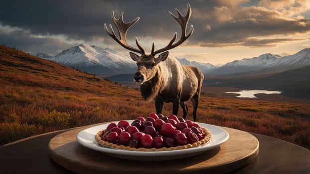 A reindeer stands near a cherry pie in a scenic mountainous landscape. photo