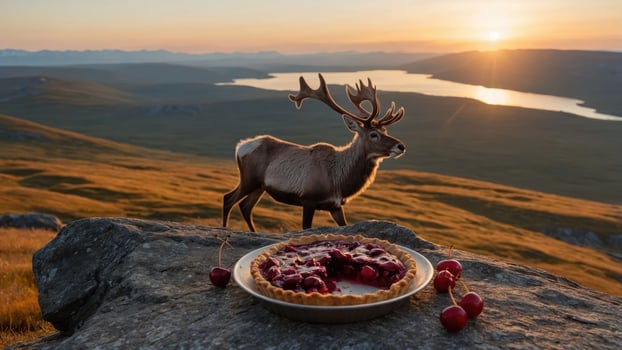 A reindeer stands beside a cherry pie on a rocky landscape during sunset. photo