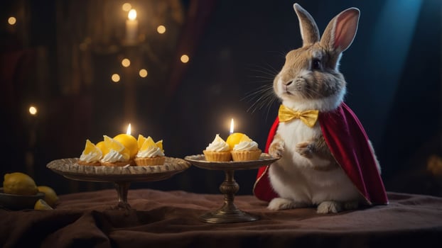 A whimsical rabbit in a cape stands beside dessert plates, creating a playful atmosphere. photo