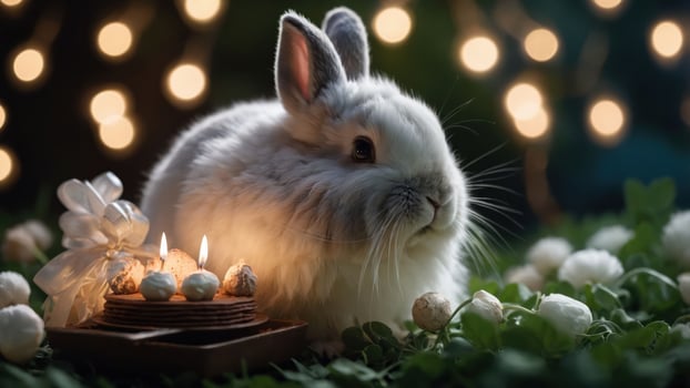 A fluffy white rabbit beside a cake with candles, surrounded by soft lights and greenery. photo