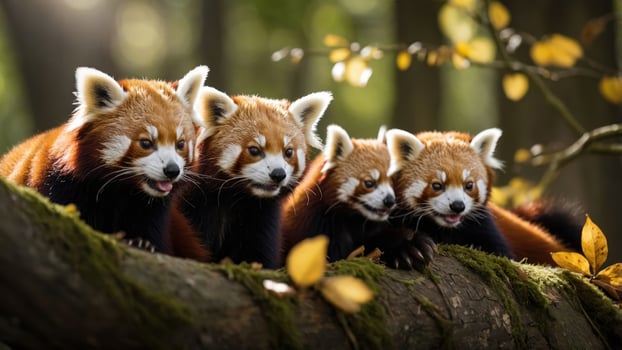 Four red pandas sitting on a mossy log in a forest, showcasing their playful nature. photo