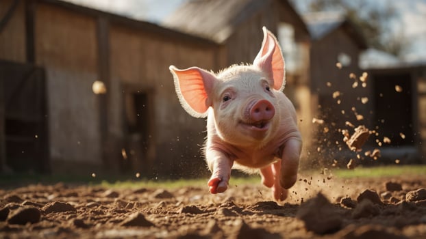 A playful piglet joyfully running through a dirt field on a sunny day. photo