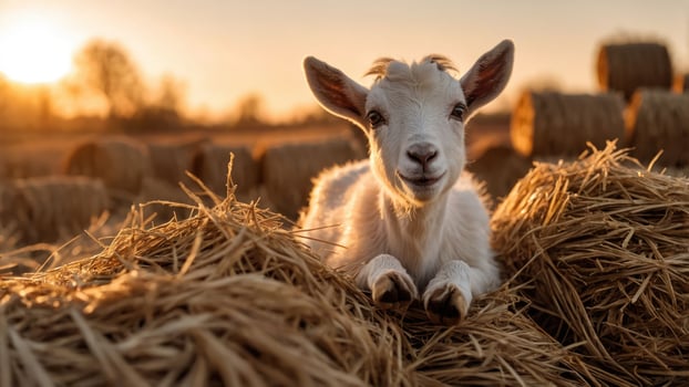 A cute goat resting on straw bales during sunset, showcasing rural life and tranquility. photo