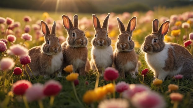 Five rabbits standing in a colorful flower field during sunset. photo