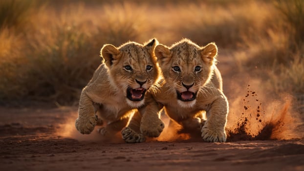 Two lion cubs sprinting through the grasslands, capturing a moment of playfulness and energy. photo