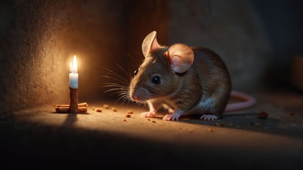 A small mouse near a candle, creating a cozy and whimsical atmosphere. photo