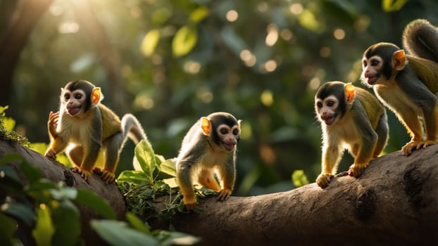 Four playful monkeys on a tree branch in a lush, sunlit forest. photo