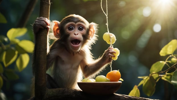 A playful monkey holding fruit on a branch, enjoying a vibrant natural setting. photo