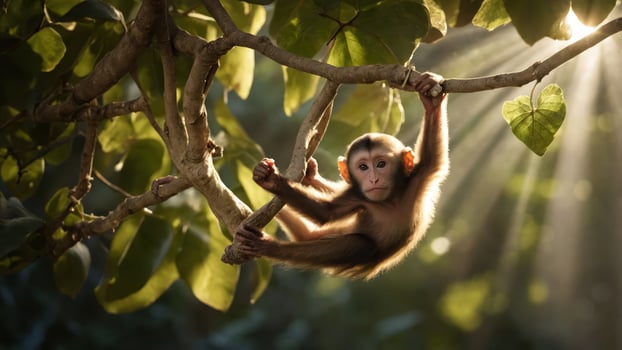 A young monkey hanging from a branch, illuminated by sunlight filtering through leaves. photo