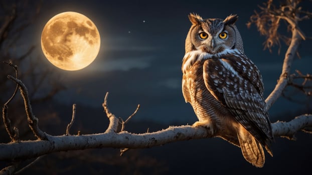 A majestic owl perched on a branch under a full moon, creating a serene nighttime scene. photo