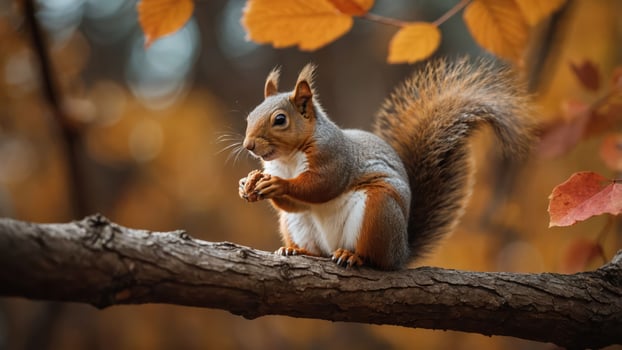 A squirrel perched on a branch amidst autumn leaves, showcasing nature's beauty. photo