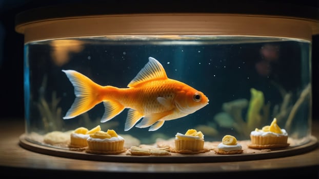 A goldfish swims in a tank surrounded by decorative cupcakes. photo