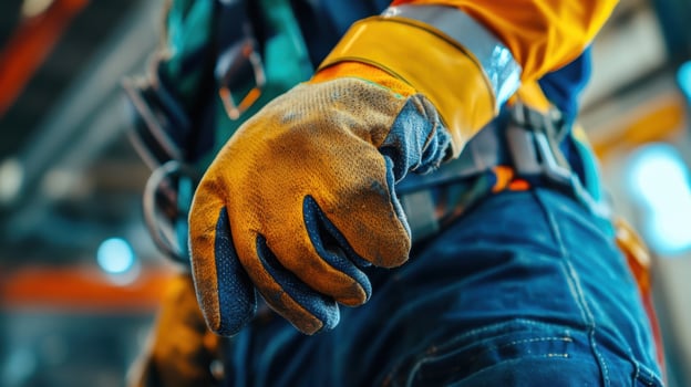 A closeup of gloves gripping a heatresistant piece of material with vibrant colors of protective gear illustrating safety while mastering fabrication techniques photo