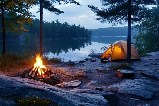 A night camping scene by a lake in the forest, with a campfire lighting up the dark sky, as stars and nature create an atmosphere of solitude and outdoor relaxation photo