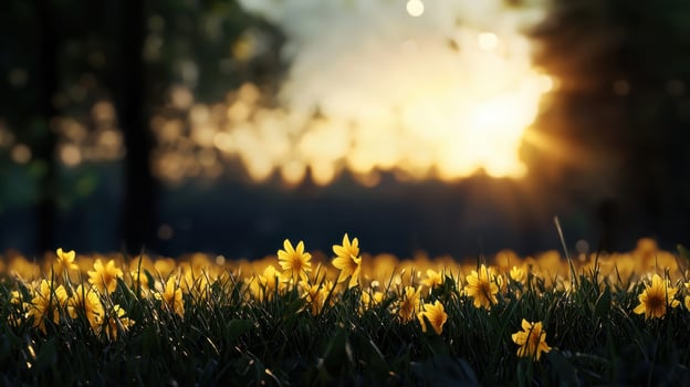 Sunset over a field of yellow flowers photo