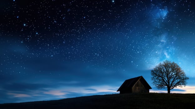 A lone tree and a house on a hill under the stars photo