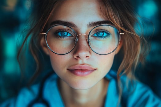A woman with blue eyes wearing glasses photo