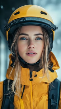 A woman wearing a yellow jacket and helmet photo