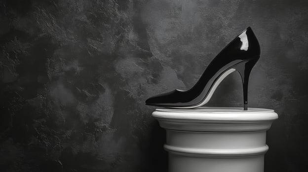 A black high heel shoe on top of a pedestal photo