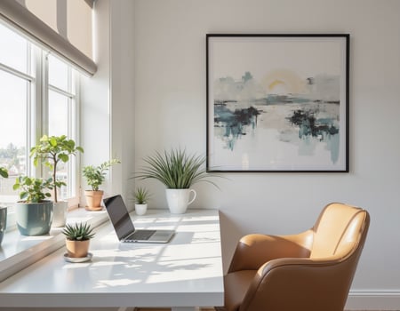 A stylish home office with a desk, laptop, plants, and abundant natural light. photo
