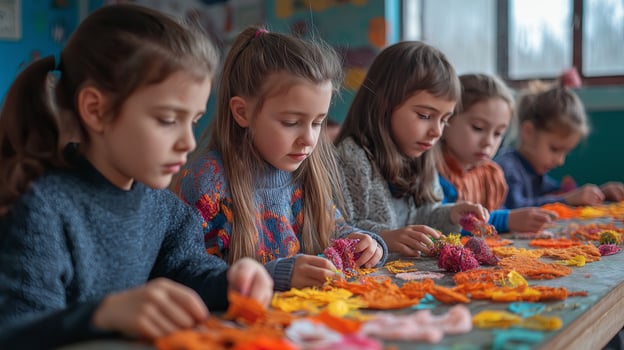 Moldovan children sitting at a table in a classroom, crafting Martisor decorations and learning about their cultural traditions. photo