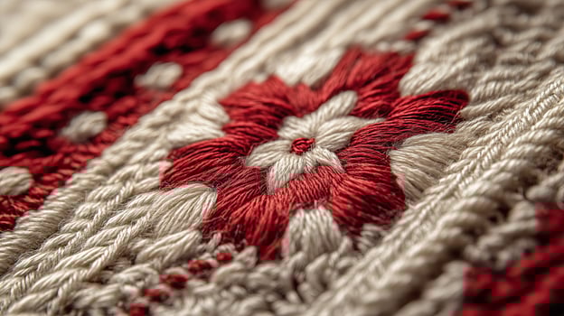 A detailed close-up of a traditional Martisor decoration in red and white threads, symbolizing spring and renewal, a beloved tradition in Moldova. photo