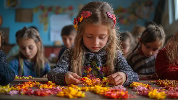 A classroom of Moldovan children joyfully crafting Martisor decorations, embracing their cultural heritage and creativity. photo