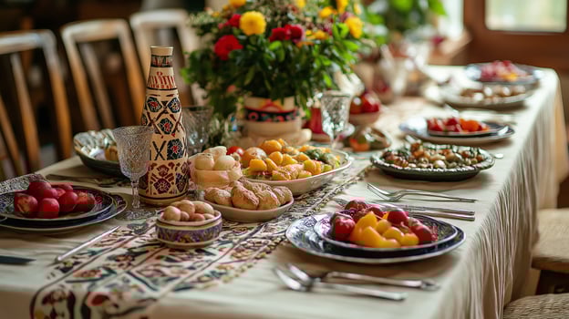A traditional Moldovan table filled with local delicacies, surrounded by vibrant flowers, embodying cultural heritage. photo
