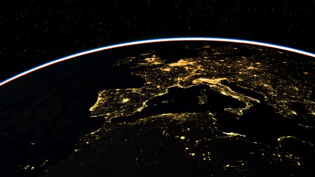 Stunning view of europe at night from space with city lights illuminating the dark continent photo