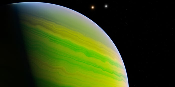 Colorful gas giant planet orbiting twin stars in deep space, astronomy exploration photo