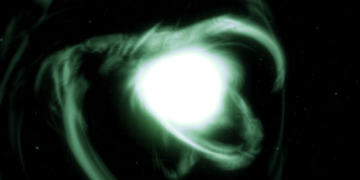 Abstract glowing energy swirl with green nebula in starry space photo