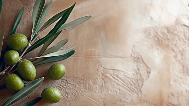 Fresh green olives on olive branch with textured background with copy space. photo