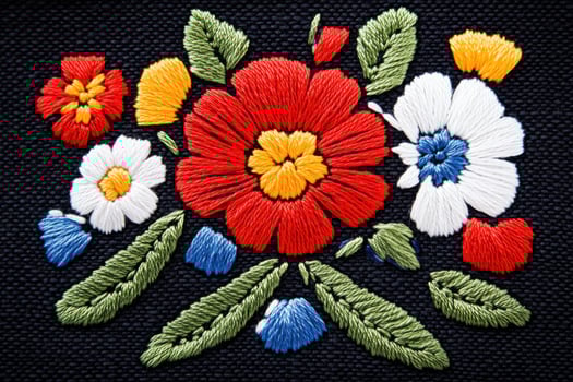 Explore the beauty of classic Polish embroidery featuring geometric shapes and vibrant floral designs on dark fabric photo