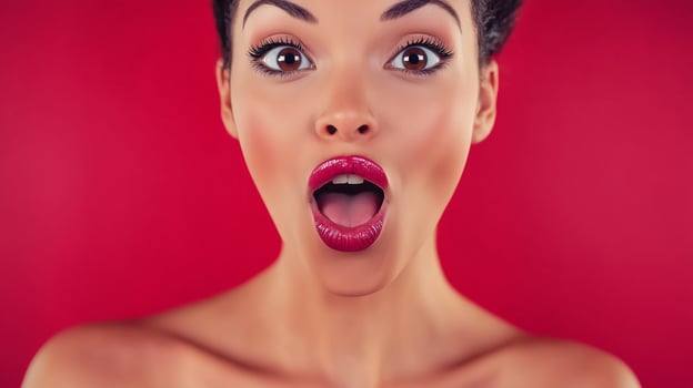 Surprised young woman with bold makeup on red background. photo