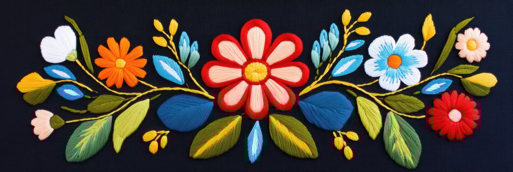 Classic Polish embroidery pattern featuring colorful flowers and geometric shapes on dark fabric emphasizing traditional folk art photo