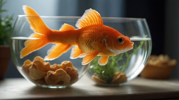 A vibrant goldfish swimming gracefully in a clear bowl with aquatic plants and snacks nearby photo