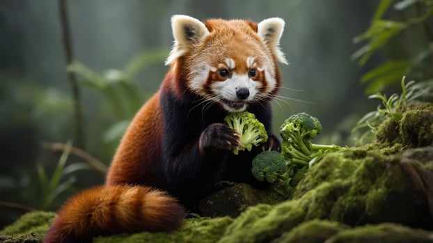 Adorable red panda enjoying fresh broccoli amidst lush greenery in a serene forest setting photo